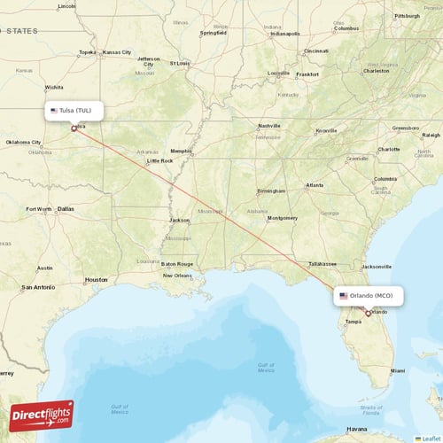 Orlando - Tulsa direct flight map