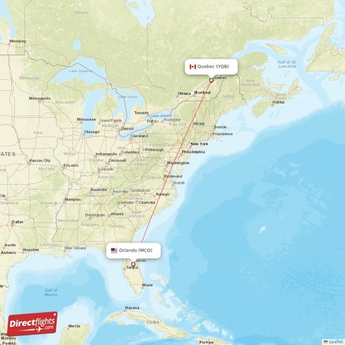 Orlando - Quebec direct flight map
