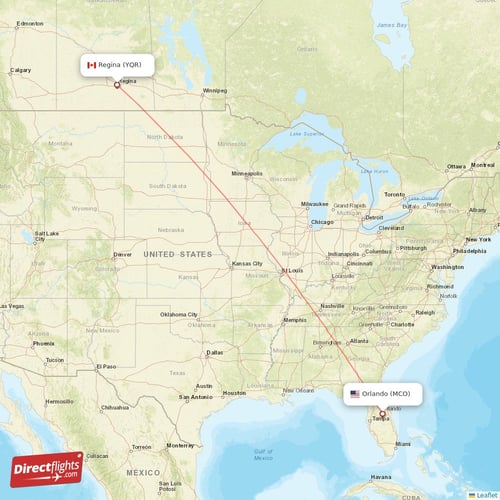 Orlando - Regina direct flight map