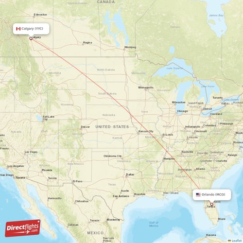 Orlando - Calgary direct flight map