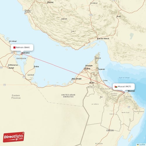 Muscat - Bahrain direct flight map