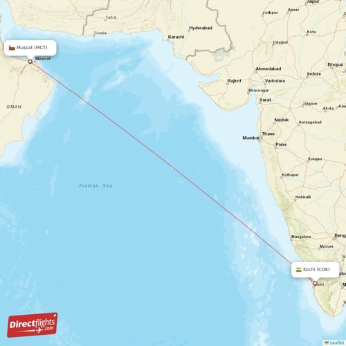 Muscat - Kochi direct flight map