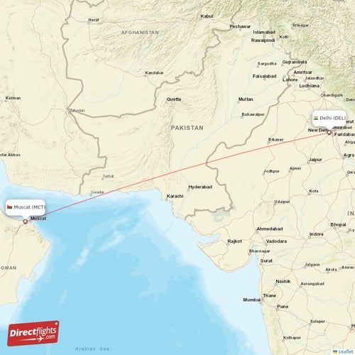Muscat - Delhi direct flight map