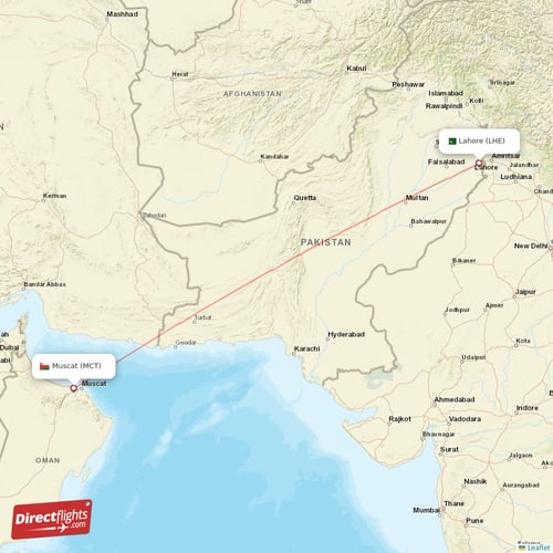 Muscat - Lahore direct flight map