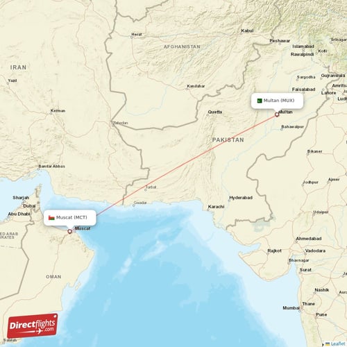 Muscat - Multan direct flight map