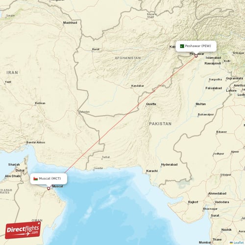 Muscat - Peshawar direct flight map