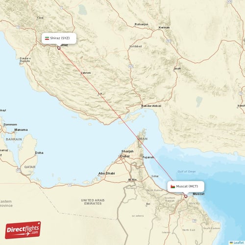 Muscat - Shiraz direct flight map