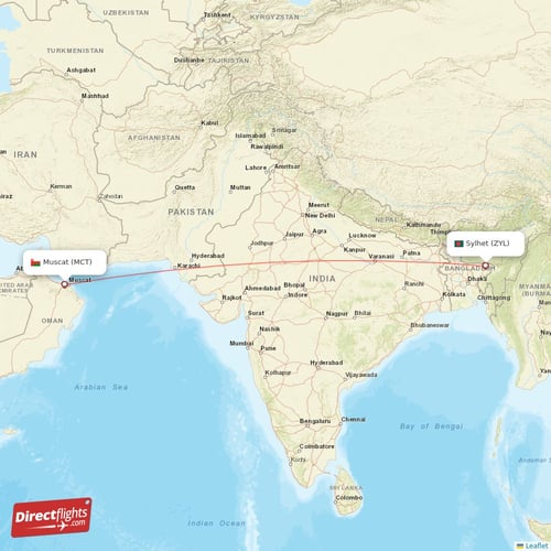 Muscat - Sylhet direct flight map