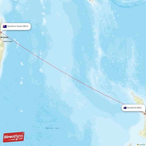 Sunshine Coast - Auckland direct flight map