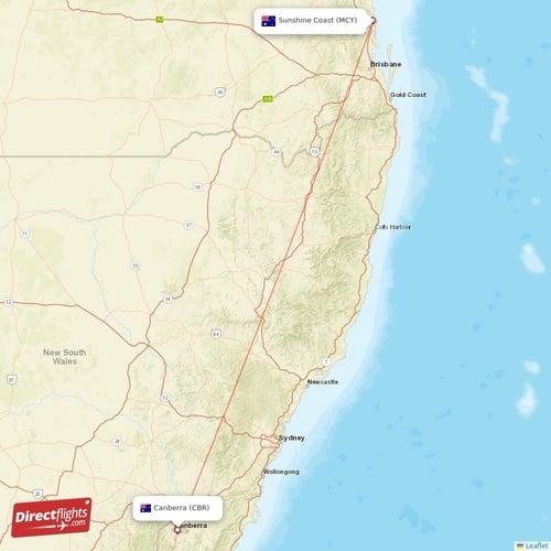 Sunshine Coast - Canberra direct flight map