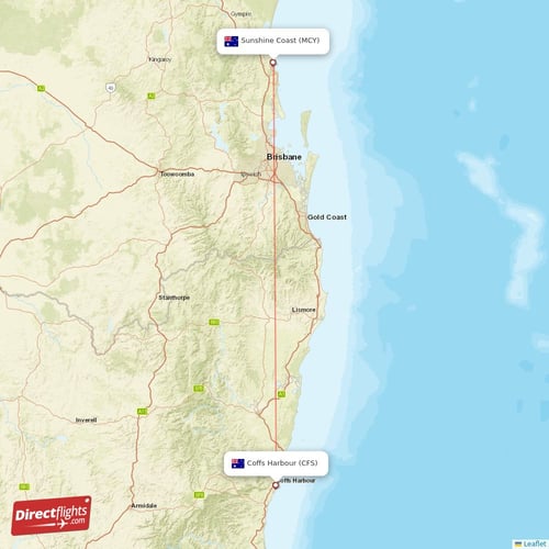 Sunshine Coast - Coffs Harbour direct flight map