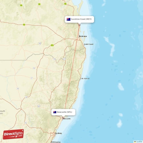 Sunshine Coast - Newcastle direct flight map