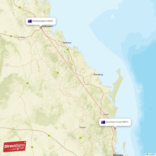 Sunshine Coast - Rockhampton direct flight map