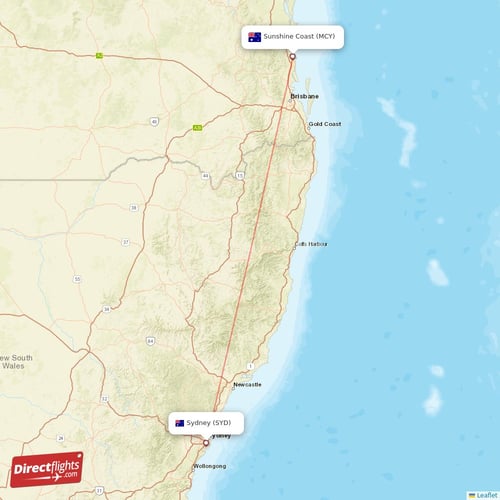 Sunshine Coast - Sydney direct flight map