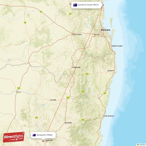 Sunshine Coast - Tamworth direct flight map
