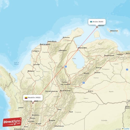 Medellin - Aruba direct flight map