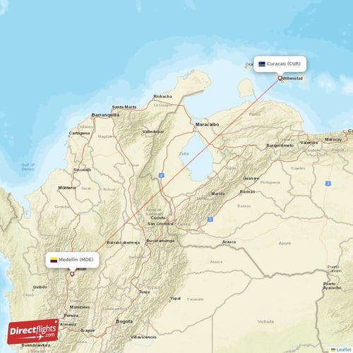 Medellin - Curacao direct flight map