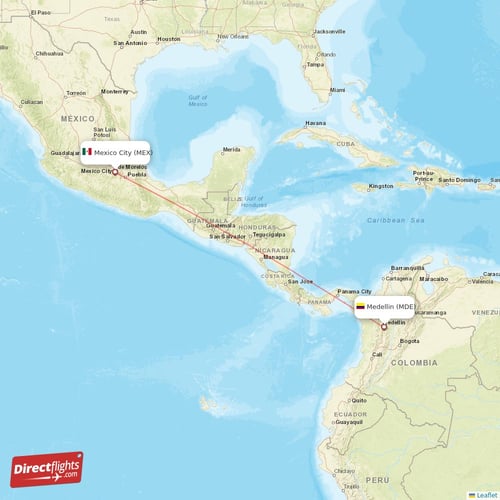 Medellin - Mexico City direct flight map