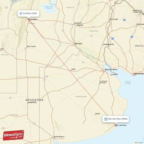 Mar Del Plata - Cordoba direct flight map