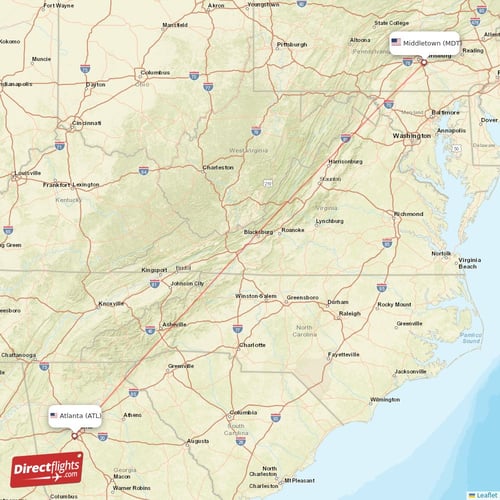 Middletown - Atlanta direct flight map