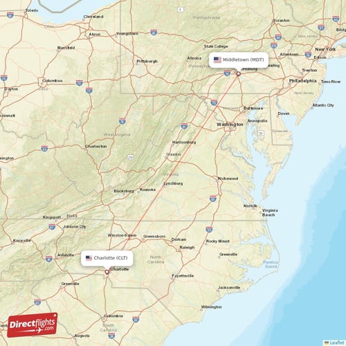 Middletown - Charlotte direct flight map