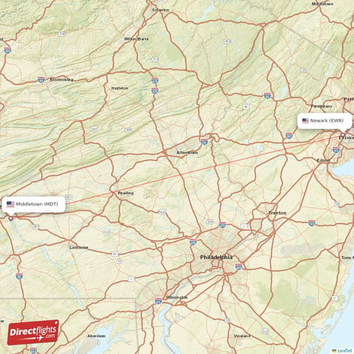 Middletown - New York direct flight map
