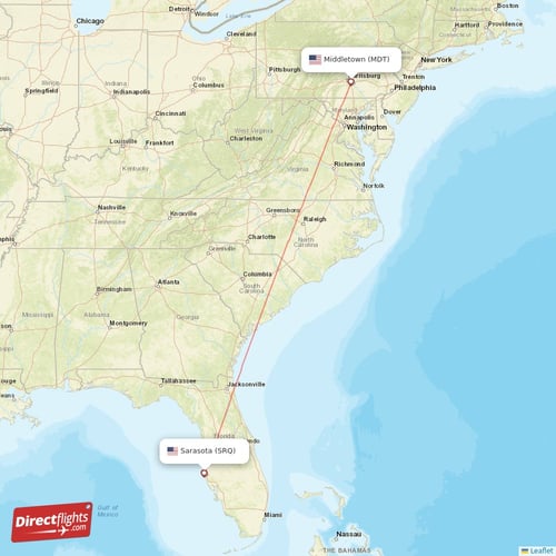 Middletown - Sarasota direct flight map