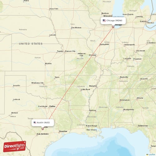 Chicago - Austin direct flight map