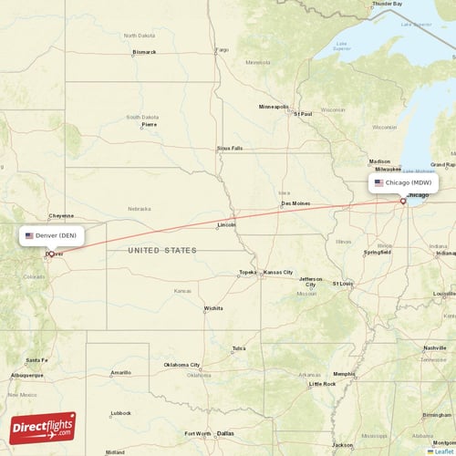 Chicago - Denver direct flight map