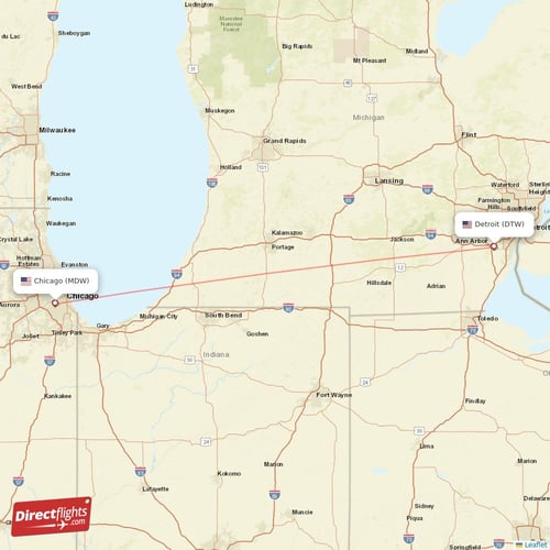 Chicago - Detroit direct flight map