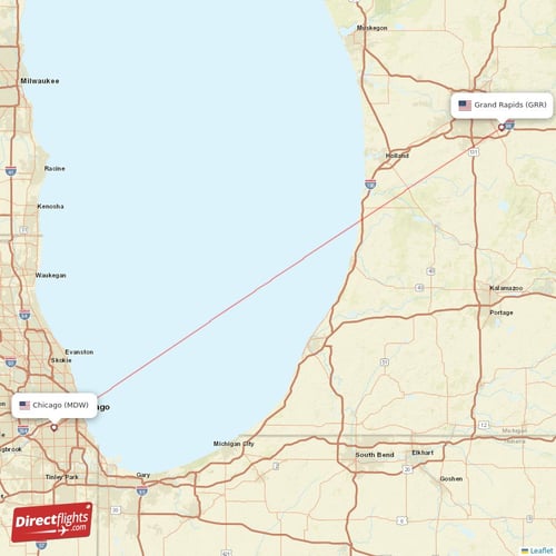 Chicago - Grand Rapids direct flight map