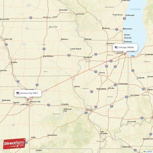 Chicago - Kansas City direct flight map