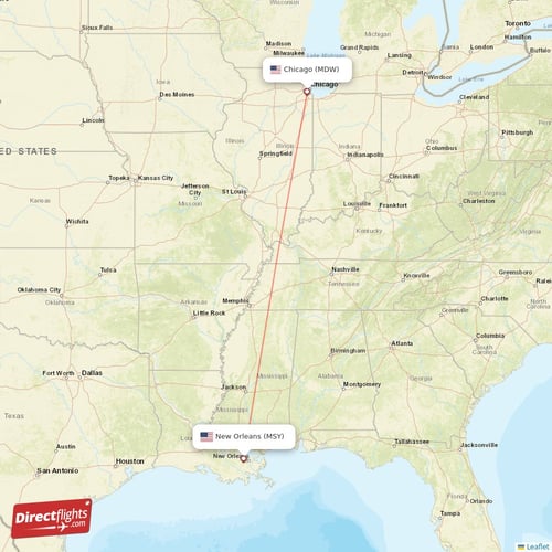 Chicago - New Orleans direct flight map