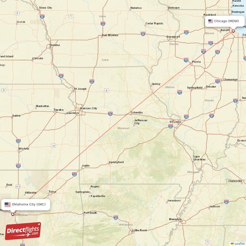 Chicago - Oklahoma City direct flight map