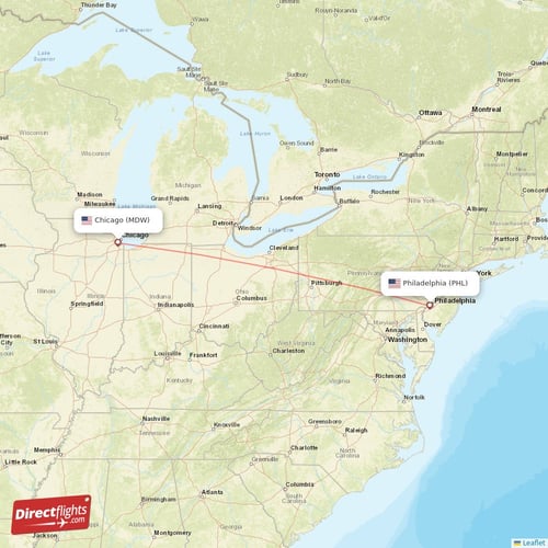 Chicago - Philadelphia direct flight map