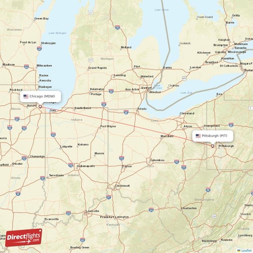 Chicago - Pittsburgh direct flight map