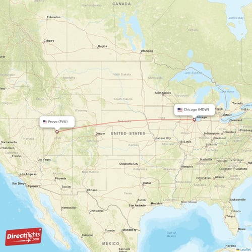Chicago - Provo direct flight map
