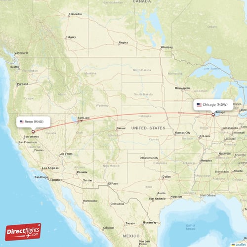 Chicago - Reno direct flight map