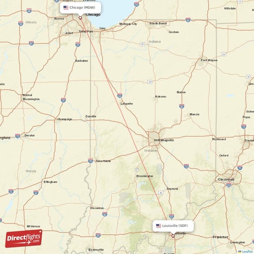 Chicago - Louisville direct flight map