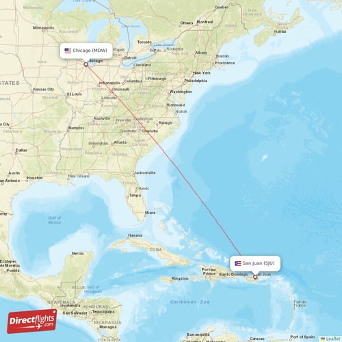 Chicago - San Juan direct flight map