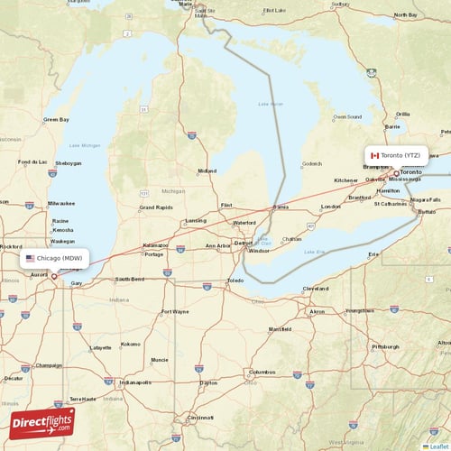 Chicago - Toronto direct flight map
