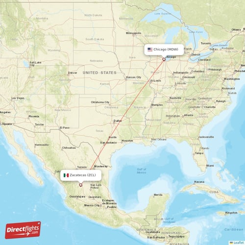 Chicago - Zacatecas direct flight map