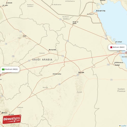 Madinah - Bahrain direct flight map