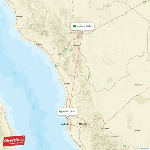 Madinah - Jeddah direct flight map