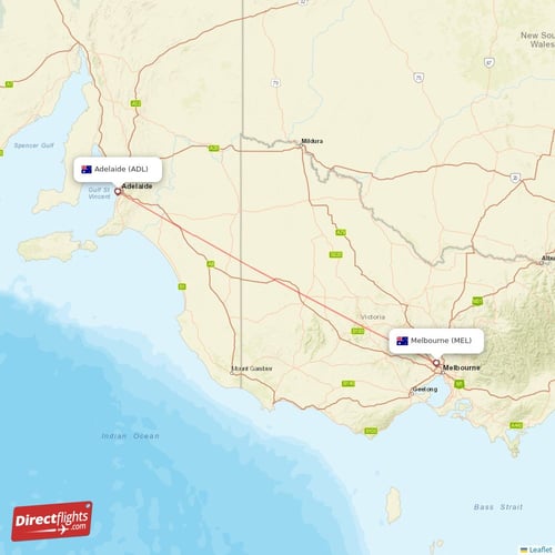 Melbourne - Adelaide direct flight map