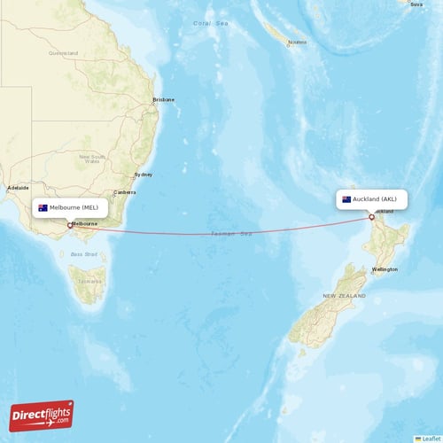 Melbourne - Auckland direct flight map