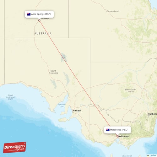 Melbourne - Alice Springs direct flight map