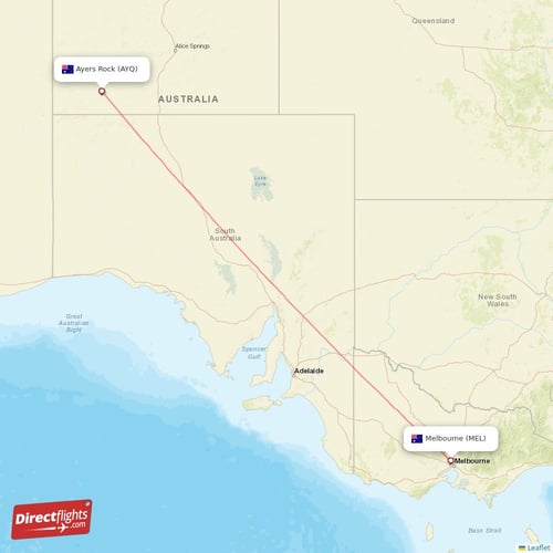 Melbourne - Ayers Rock direct flight map