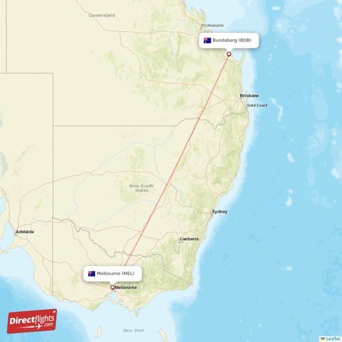 Melbourne - Bundaberg direct flight map