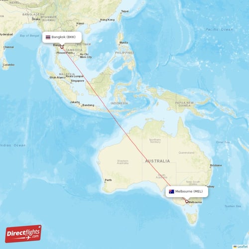 Melbourne - Bangkok direct flight map